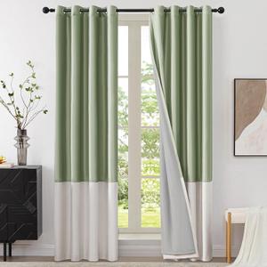 BULBUL Modern 100% Full Blackout Velvet Curtains, Sage Green Ivory 96 inches Long Liner Curtains Thermal Drapes Panels for Living Room Bedroom Grommet Set of 2