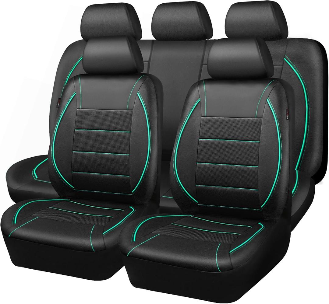CAR PASS Universal FIT Piping Leather Car Seat Cover, for suvs,Van,Trucks,Airbag Compatible,Inside Zipper Design and Reserved Opening Holes (Full Set, Black and Mint)