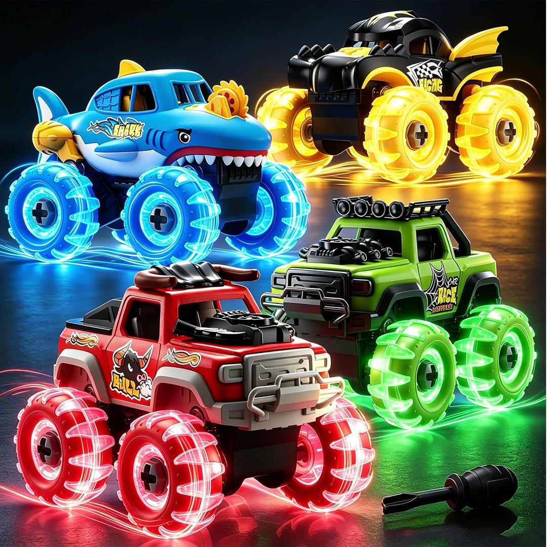 4 Pack Light Up Monster Trucks Toys for Boys Ages 3-5, Take Apart Toys Cars with Glowing Wheels, Birthday Gift for 2 3 4 5 6 7 Year Boys Toddlers
