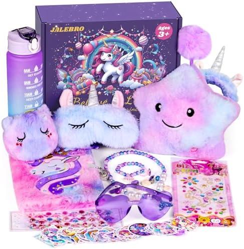 64pcs Unicorn Gifts Toys for Girls Kids Toys 5 6 7 8 9 10+ Years Old Halloween Thanksgiving Christmas Birthday Gifts Box with Star Light Up Pillow Stuffed Diary with Lock Headband Water Bottle sticker
