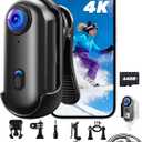 4K Action Camera with 64GB Card, Mini Body Camera with Audio Recording, Wi-Fi Magnetic Hands-Free POV Cam for Motorcycle Helmet Vlogging with Waterproof Case & 360 Rotatable Clip
