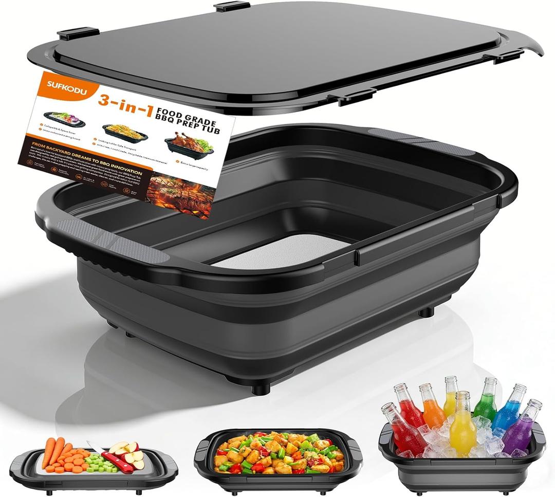 Collapsible BBQ Prep Tubs with Titanium Cutting Board, Large-Capacity5.3Gal/20LFoldable Cutting Board, with Locking Lid, Strong Sealing and Leak-Proof Design. Suitable for Kitchen and Outdoor.