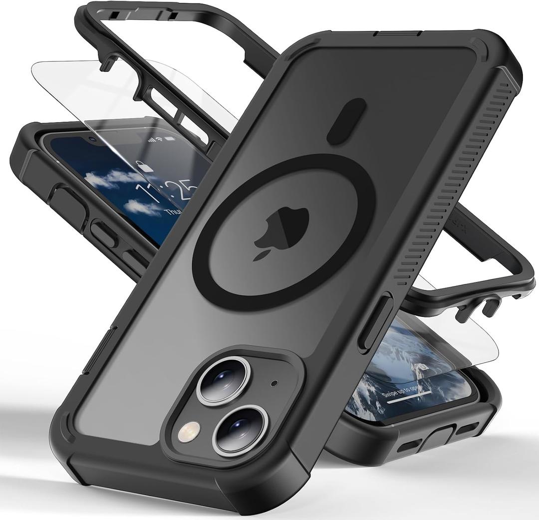 Magnetic Case for iPhone 13/14/15 with Screen Protector, [Shockproof][Compatible with MagSafe][Heavy Duty Protection][Military Grade Drop Protection] 2-Layer Durable Bumper Phone Case 6.1''-Black