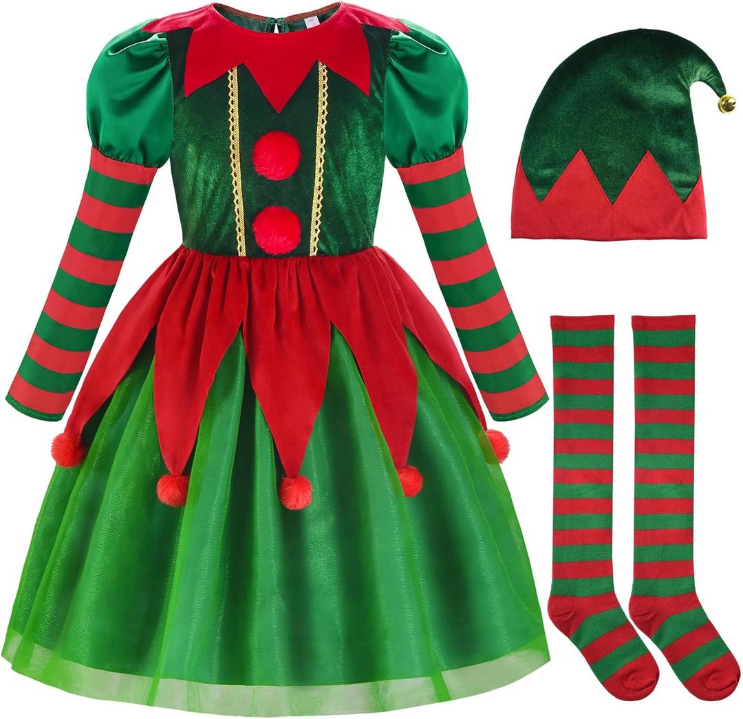 ReliBeauty Elf Costume for Kids Santa Little Helper Kids Christmas Elf Dress Suit for Girls (3T/100)