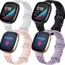 Maledan Sport Bands Compatible with Fitbit Versa 3 Bands for Women Men, 4 Pack Breathable Wrist Band Replacement for Fitbit Versa 4/Versa 3/Sense 2/Sense Smart Watch, Small Black Pink White Lavender