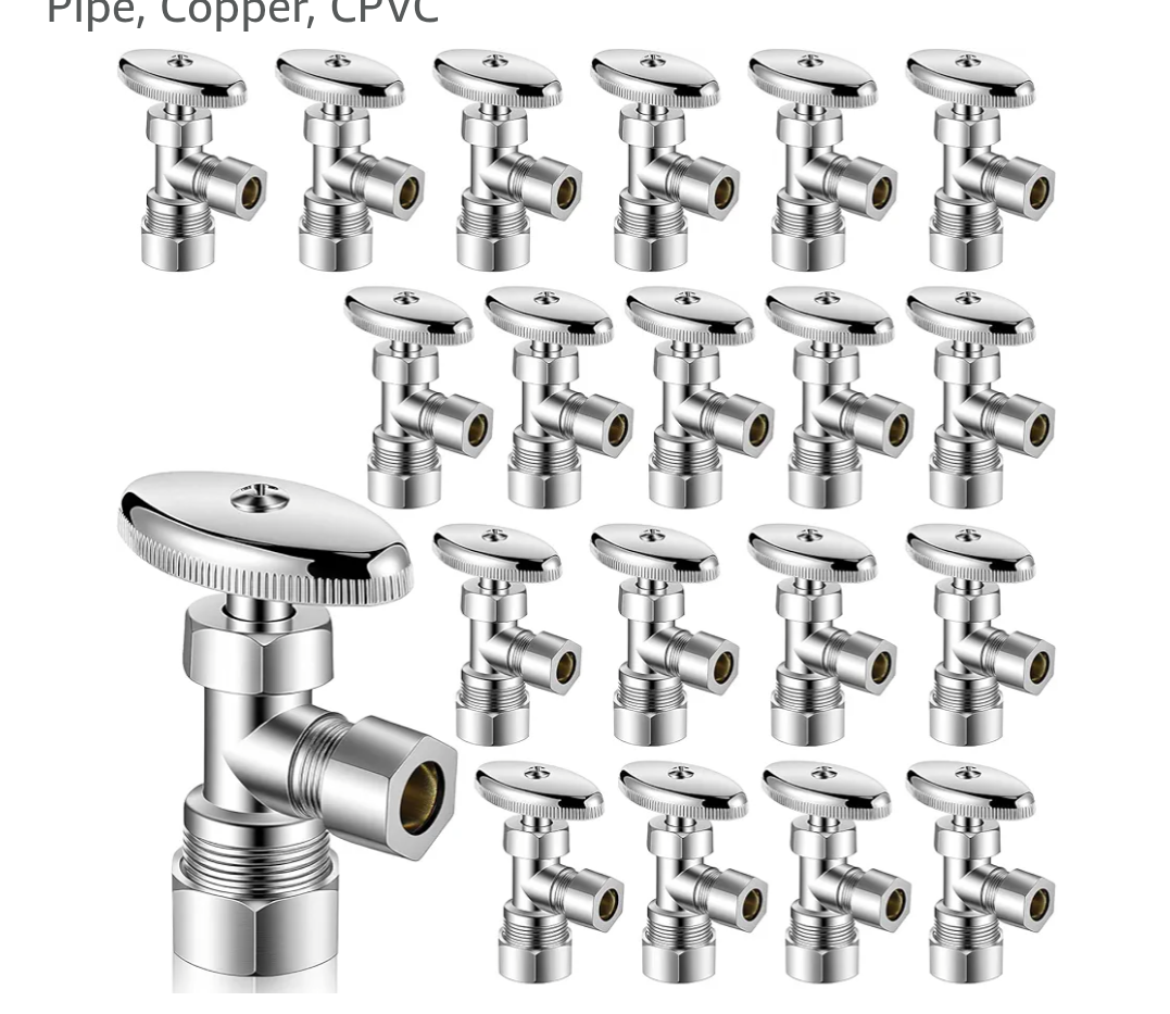20 Pack Angle Stop Valves, 1/2" Nominal (5/8" OD) Push x 3/8" OD Compression, 1/4 Turn Water Shut Off Valves Brass Push-to-Connect Plumbing for PEX Pipe, Copper, CPVC