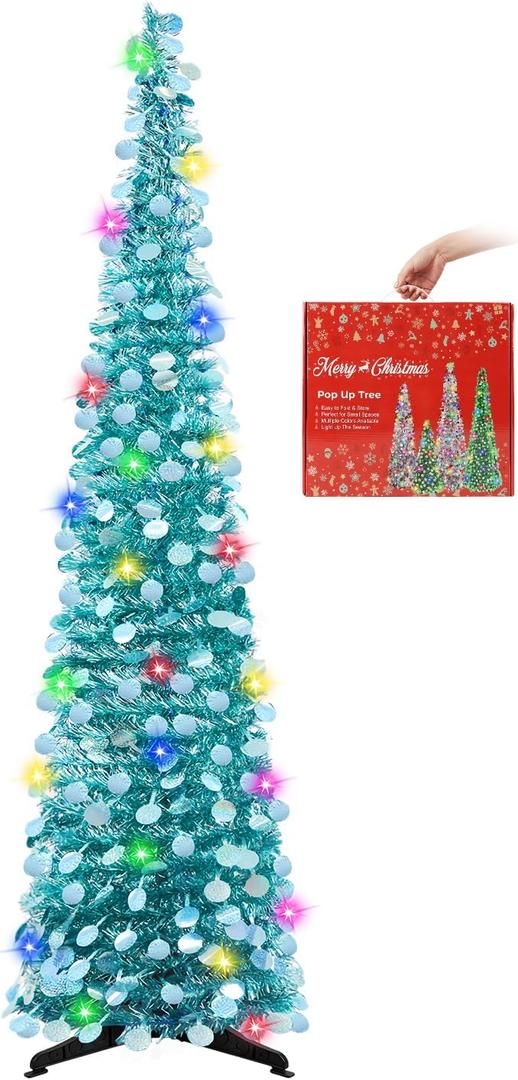 MACTING Christmas Pop up Tree with 50 LED Lights Timer 5FT Collapsible Tinsel Pencil Tree Easy-Assembly Coastal Glitter Artificial Tree for Porch Apartment Corner Home Party Xmas Decor,Aqua Blue (1 PC)