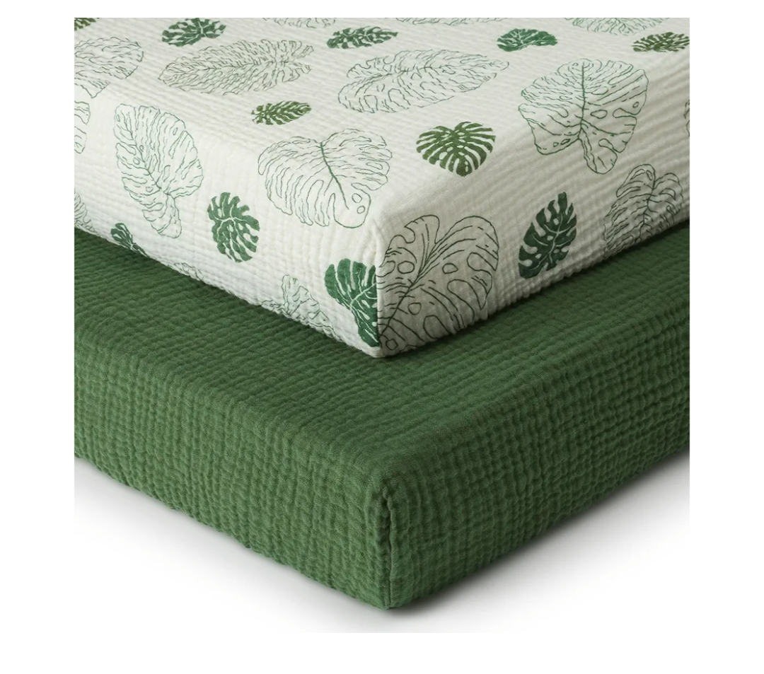 Blissful Diary Muslin Crib Sheets for Girl Boy, Boho Neutral Soft Cotton Baby Sheet for 52''x28'' Standard Crib Mattress, 2 Pack(Monstera&Dark Green)