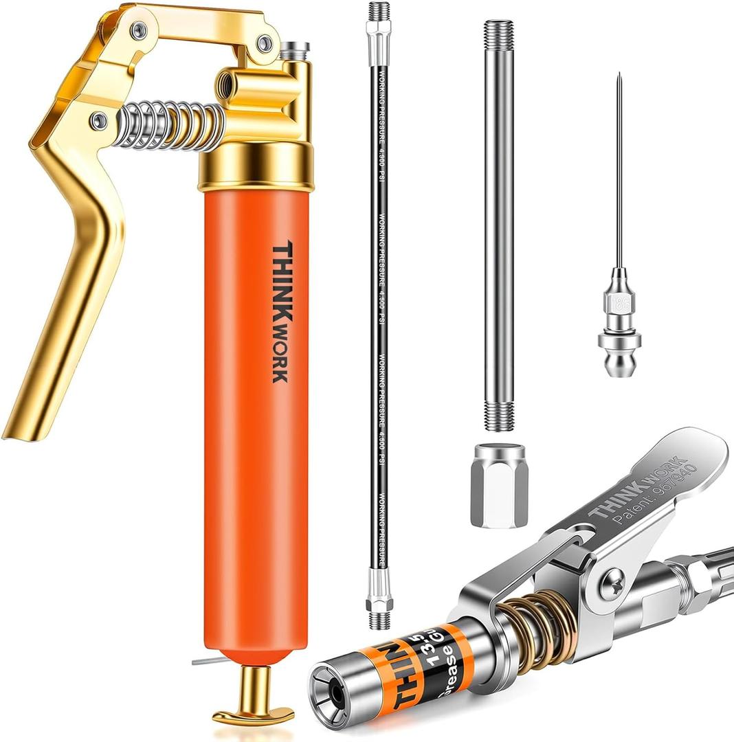 THINKWORK Mini Grease Gun Kit for 3 Oz Tubes, 3000 PSI Pistol Grip Lube Grease Guns Tool with 0.53" Coupler and Needle Nozzles - for Minor Maintenance Tasks, Automotive, Agricultural