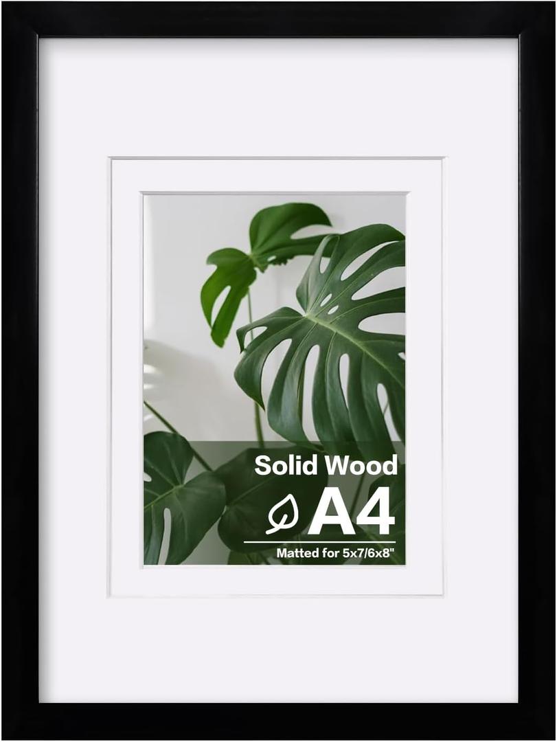 Egofine A4 Picture Frame Black Covered by Plexiglass Made of Solid Wood, Display Pictures 4x6/6x8 with Mat or A4 Without Mat for Table Top and Wall Mounting