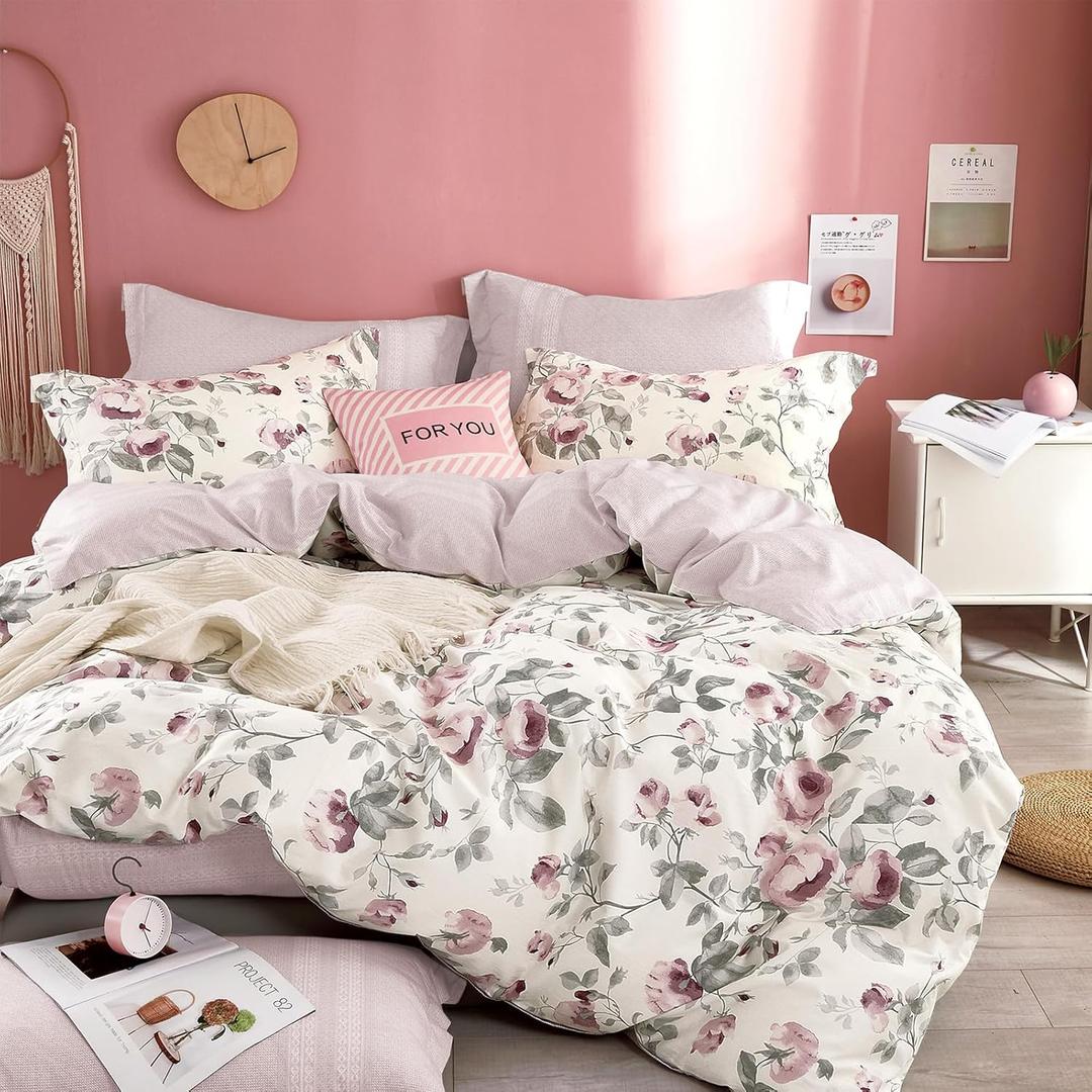 Vintage Cotton 3pcs Floral Comforter Sets Queen Size - Dusty Rose & Soft Gray Foliage on White, Blush French Striped Patchwork Reverse, Neutural Lightweight Bedding Sets(Queen 90"90")