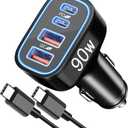 90W 4-Port USB C Super Fast Car Charger for Samsung Galaxy S26/S25/S24/S23/S22 Ultra, iPhone 17/16/15 Pro Max, Android, Type C Fast Charging Car Phone Charger Adapter Accessories + 3FT USB-C Cable
