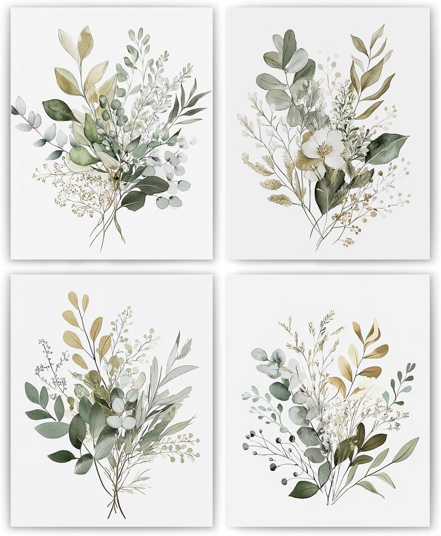 JWVK Watercolor Sage Green Eucalyptus Botanical Wall Art Prints Set of 4, Boho Greenery Plant Leaf Posters Artwork Wall Decor for Home Bathroom Spa Office, 8x10 Unframed