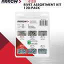 Arrow RK6120 Pop Rivet Assortment Kit for Metal, Fabric, Leather, and Auto Repair, Aluminum and Steel, 1/8-Inch, 120-Pack