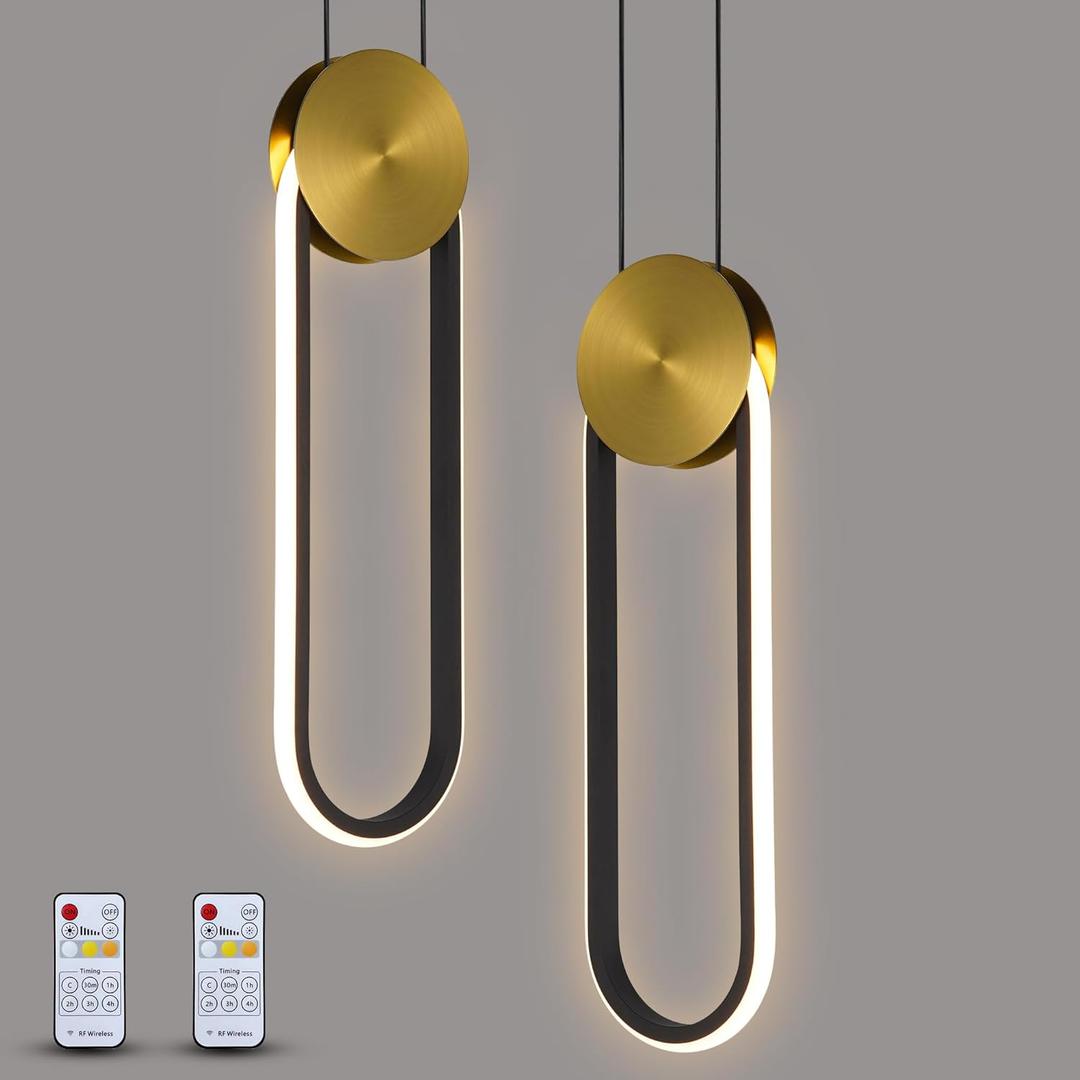 Modern Pendant Lights Fixtures Set of 2, LED Black and Gold Dimmable Pendant Light for Kitchen Island, Small Kitchen Pendant Lighting with RC, Oval Adjustable Hanging Lamp for Dining Room Bar Bathroom (15.35in)