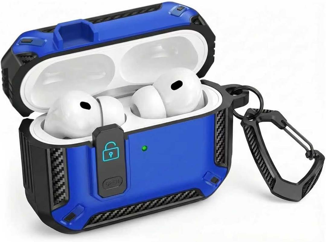 Locking Case Compatible with AirPods 5 (2026) / AirPods 4 (2024), Shockproof AirPods 5 Protective Case, AirPods 5 Cover with Carabiner Keychain, Front LED Visible, Black Blue