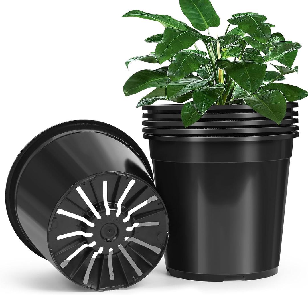 6 Pack 5 Gallon Pots for Plants, 5 Gallon Plastic Nursery Pot with Drainage Holes, Sturdy Plastic Plant Pots for Nursery Garden, Flowers, Succulent Outdoor Indoor (Black, 5 Gal- 6 Pack)