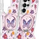 for Samsung Galaxy S26 Ultra Case with Stand - Cute Soft TPU Clear Phone Cover for Women Girls Compatible with Magsafe Girly Unique Design with Magnetic Ring for S26 Ultra, Purple Butterfly