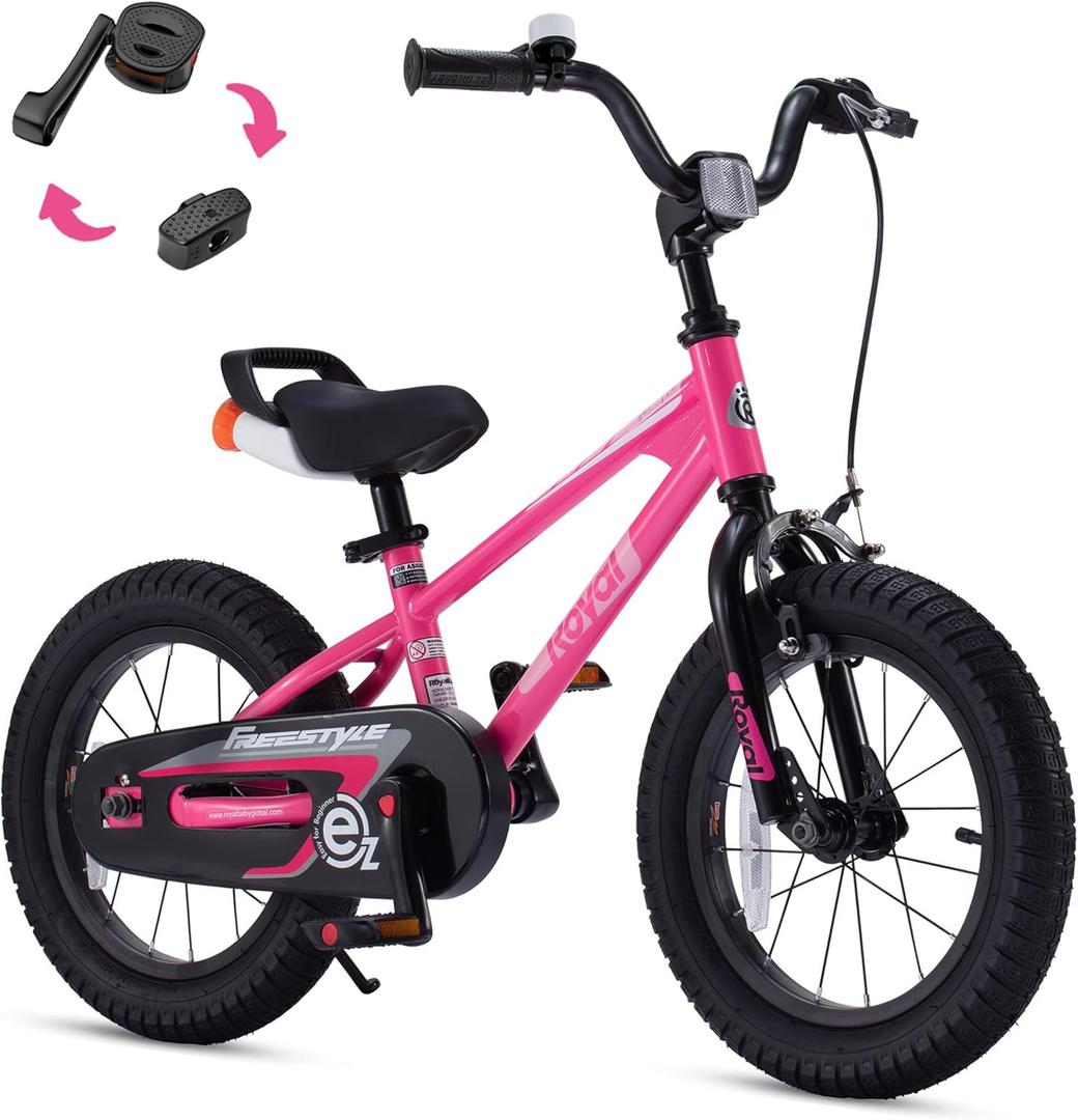 RoyalBaby Freestyle EZ Toddlers Kids Bike, Easy Learn Balancing to Biking, 12 Inch Balance & Pedal Bicycle, Instant Assembly Boys Girls Ages 2-4 Years, 12" Pink