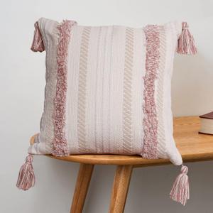 Boho Throw Pillow Covers 20 × 20 in Neutral Tufted Pink Square Decorative Case — Modern farmhouse accent pillow cover with tufting, tassels & textured weave perfect for couch, bed or living room décor