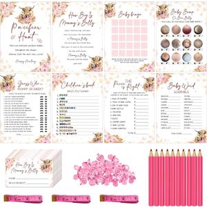 Baby Shower Games for Adults - Complete Party Activity Card Set with Pacifier Hunt, Belly Measuring & Mommy or Daddy Guess - Grown-Up Guest Entertainment Kit-w4