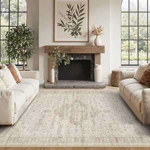 Rugxara Washable Area Rug for Living Room, Vintage Neutral Boho Rugs for Office, Dining Room, Kids Room, Farmhouse, Durable Low Pile Non Slip Carpet for High Traffic Areas, Cream(4x6ft)