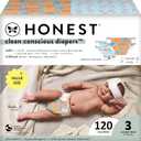 The Honest Company Clean Conscious Diapers for Sensitive Skin | Hypoallergenic, Fragrance Free | Gender Neutral Prints | Super Club Box, Size 3 (16-28 lbs), 120 Count (Prints May Temporarily Vary) (Orange You Cute + Feeling Nauti)