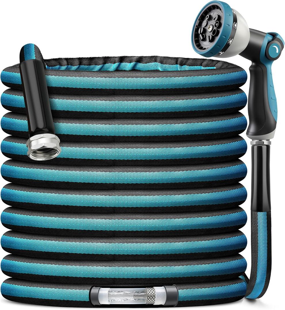 Garden Hose Water Hose 100ft Lightweight Flexible, Kink-Free Outdoor 3/4" Rustproof Metal Fittings, 10-Pattern 360° Rotating Spray Nozzle for Yard Lawn Car Wash