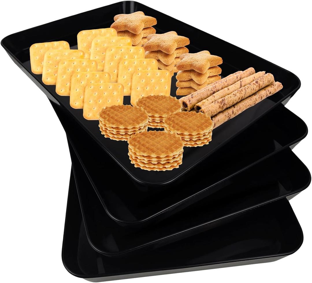 greenandlife 4 pcs 16" x 11" Large Serving Trays for Party Supplies, Plastic Platters for Serving Food, Unbreakable Reusable Trays for Snack, Fruit, Cookies, Desserts in Kitchen, BPA Free, Black