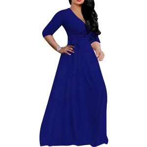 LightlyKiss Plus-Size Maxi Dresses for Women African Summer 3/4 Sleeves Beach Sundress with Pockets (Blue, XL)
