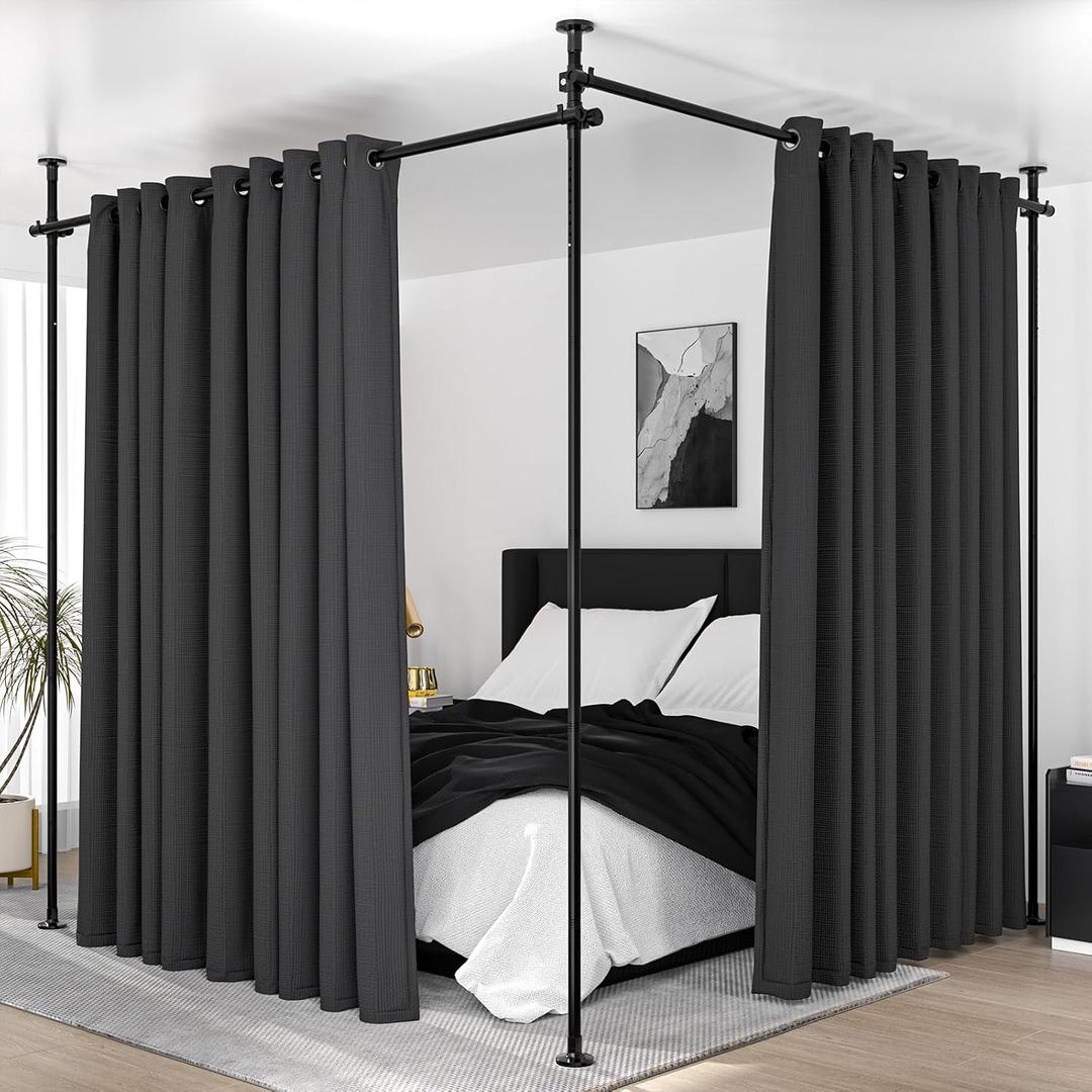 Room Divider, Curtain Rods No Drilling, Adjustable 48-120in (H) 30-140in(W) Tension Rods, Partition Hanging Room Dividers, Self Stand Curtain Divider for Room Separation (Black)