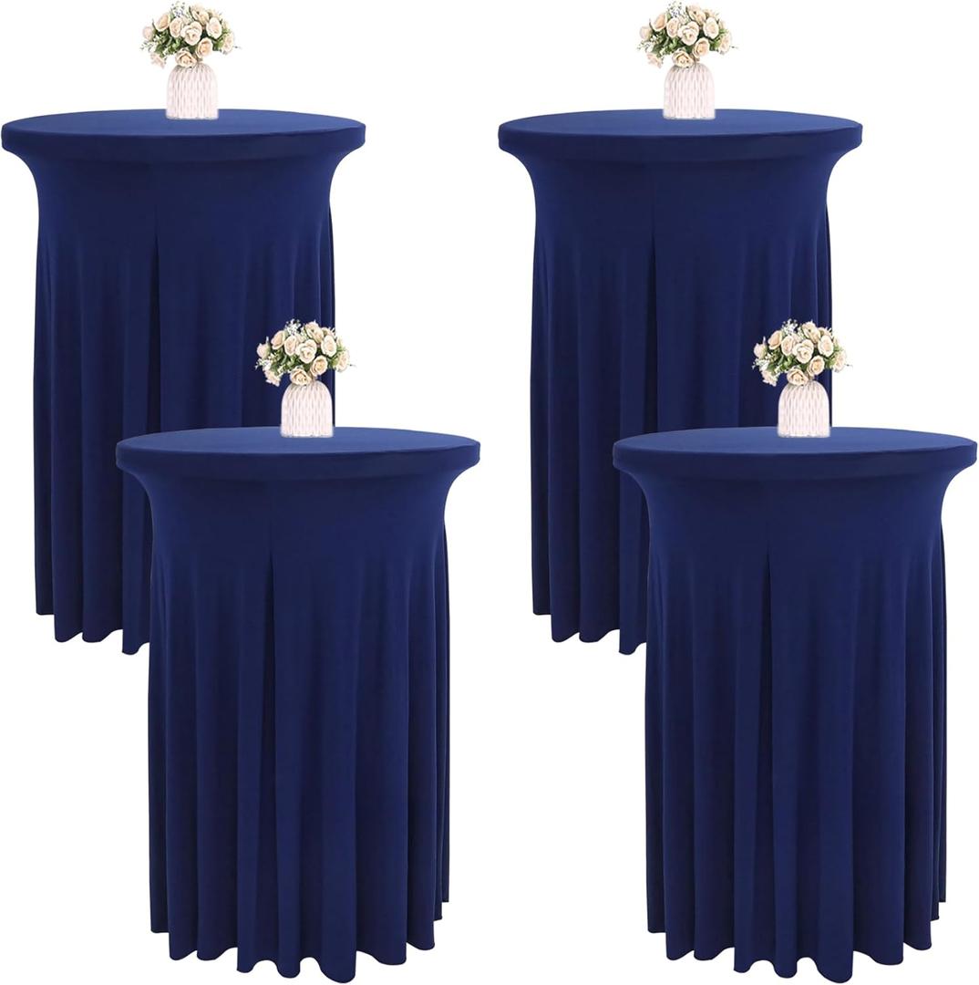 4 Packs 32 x 43 Inch Spandex Round Cocktail Table Skirts Stretch Cocktail Table Covers Fitted High Top Tables for Wedding Bar Party Banquet (Navy Blue)