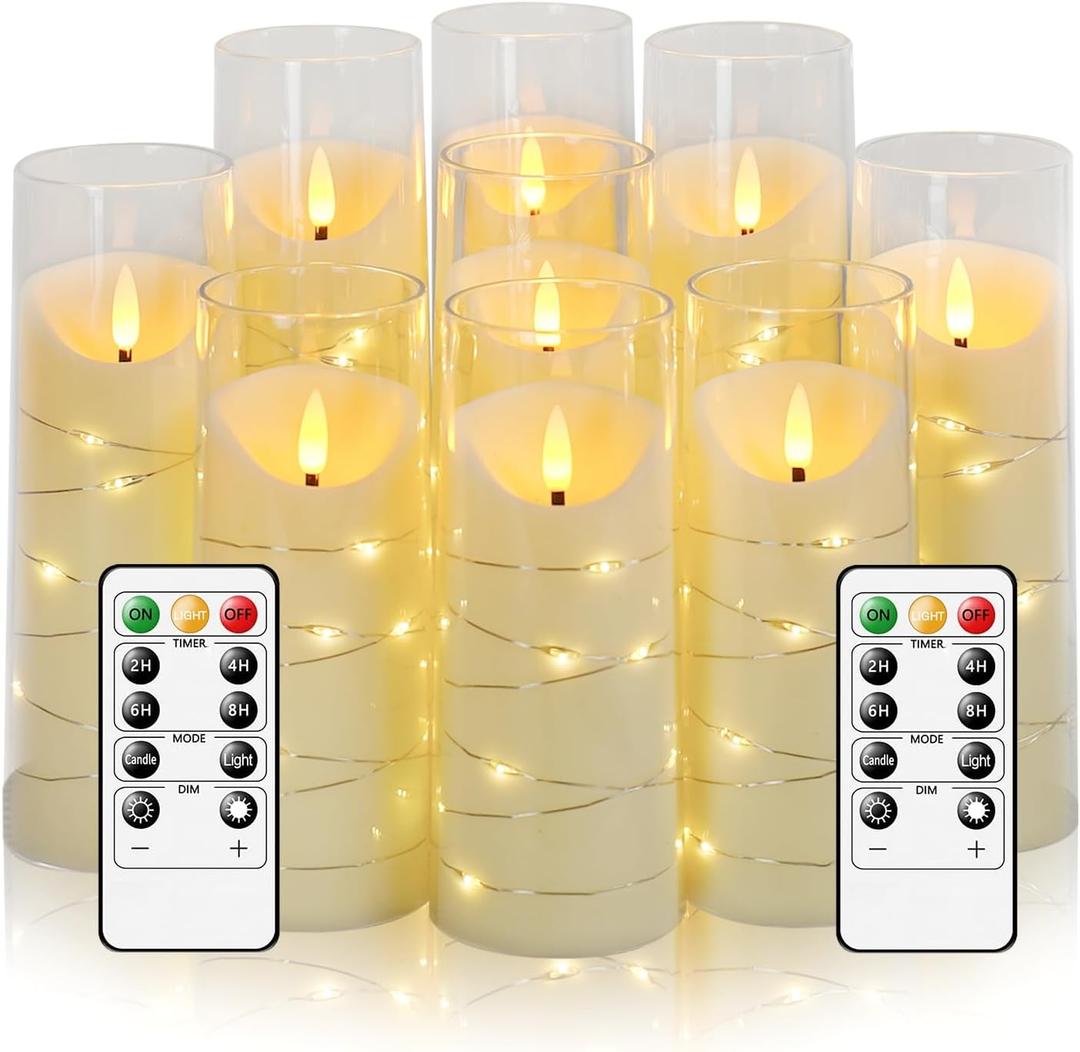 Eebuss Flameless Candles with Embedded Star String, Battery Operated LED Pillar Candles with Timer and Remote Control, Home Decorating for Ambiance Set of 9 (Ivory)