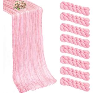8 Pack Pink Cheesecloth Table Runner 21x120 Inch | Boho Gauze, Rustic Light Pink, Wedding Birthday Party Baby Shower, Centerpiece Valentine's Day Home Decorations