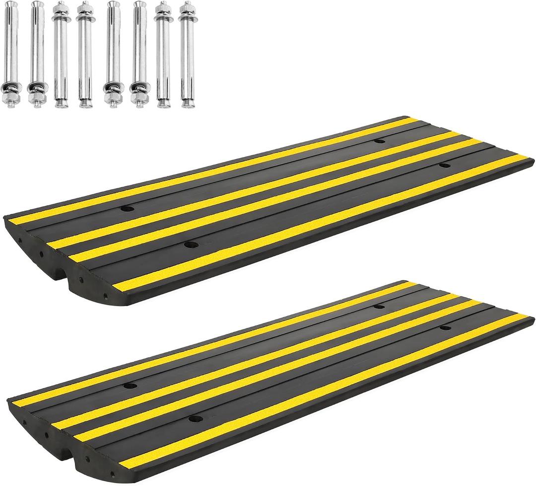 48" Heavy-Duty Rubber Driveway Ramps, 2-Pack Low-Profile Threshold Ramps with Water Channels for Cars, Trucks & Wheelchairs, Garage Entry & Driveway Slope Solutions