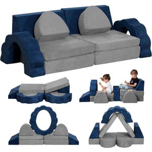Kids Couch 10PCS, Modular Kids Play Couch, Multifunctional Foam Toddler Sofa, Imaginative Convertible Play Sofa for Playroom (Grey & Blue)