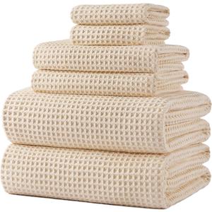 POLYTE 430 GSM Microfiber Quick Dry Lint Free Oversize Bath Towel Set, 6 Piece (Waffle Weave) (Light Beige)