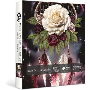 Rose Dream Catcher Puzzles for Adults 1000 Pieces, Fantasy Flower Art Jigsaw Puzzles, Magic Plant Floral Puzzle
