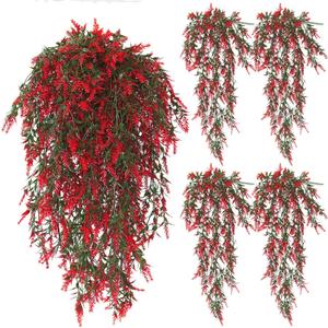 SJL Hanging Artificial Lavender Plants 4pcs Fake Plant Hanging Greenery Faux Ivy Vines Plant Plastic Long Stem Artificial Plant Wall Decoration for Door Wedding Party Shelf Office (Red)