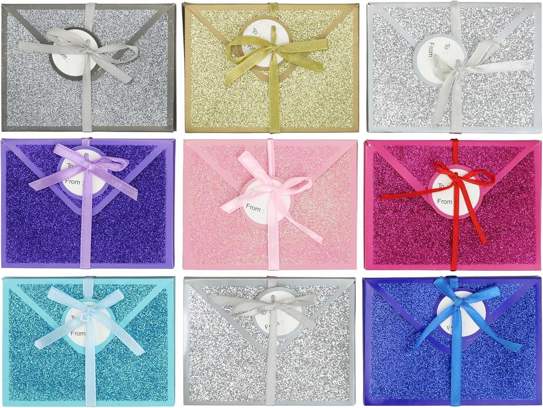 Iconikal 9-Pack No-Mess Glitter Decorative Wrapped Gift Card Holder Boxes with Ribbons Elegant Birthday Corporate Holiday Mother's Father's Day