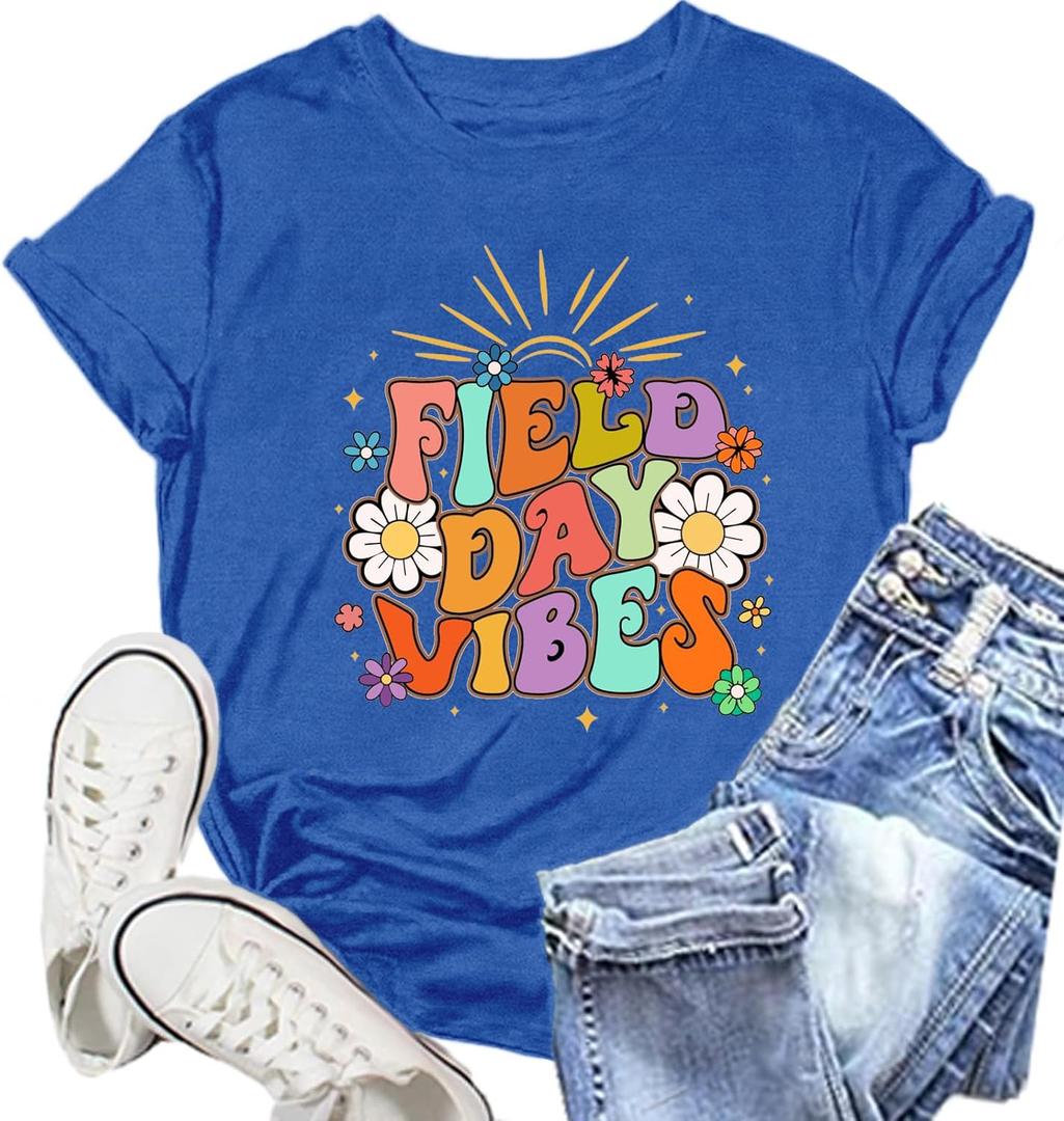Field Day Shirt Women Filed Day Vibes Tshirts for Teacher School Team Buliding Tee Tops (Pink, S)