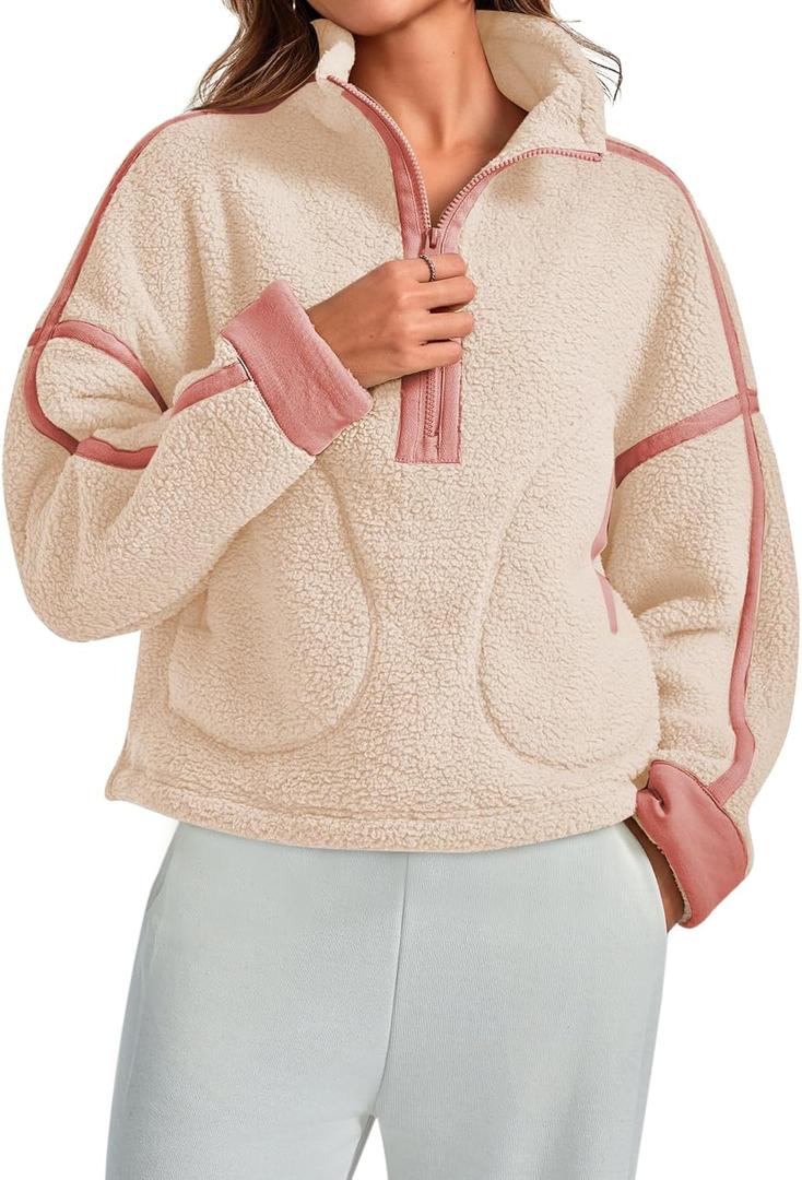 MAOECO Women Sherpa Fleece Jacket Half Zip Oversized Cropped Sweatshirt Casual Long Sleeve Fuzzy Pullover Fall Winter Outfits with Pockets Beige L