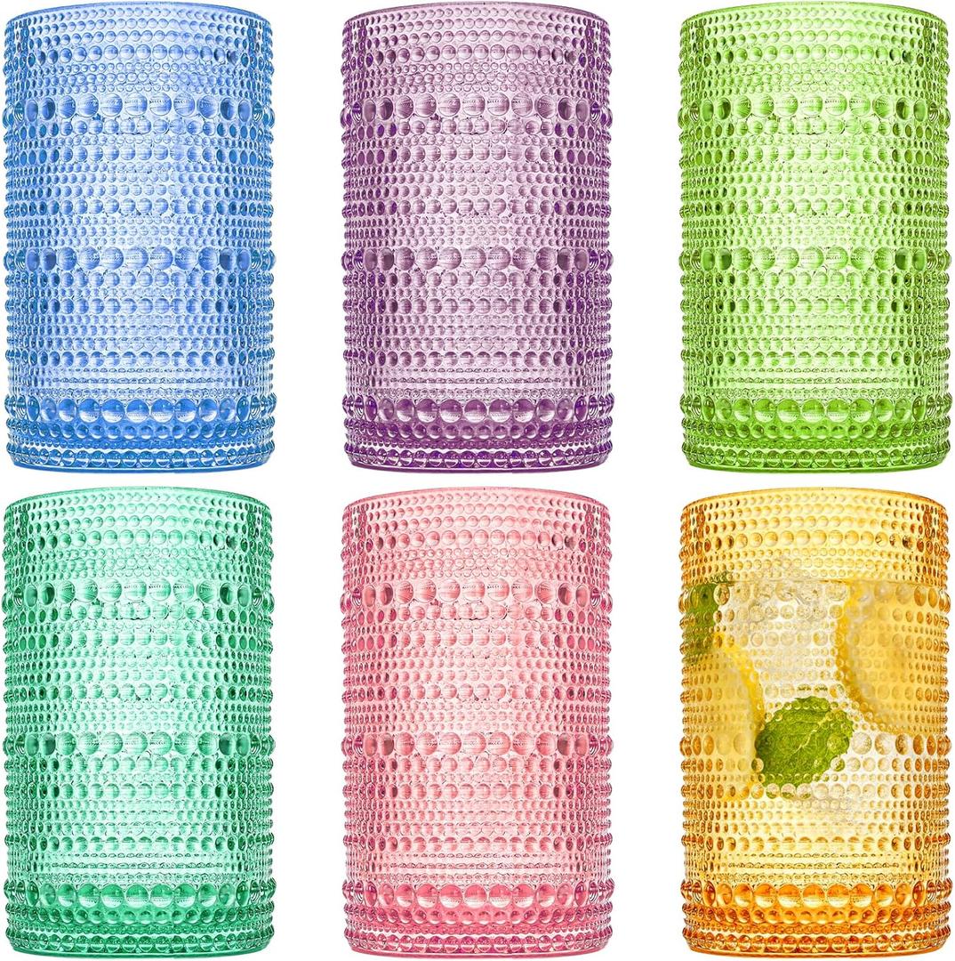 ZOOFOX Set of 6 Vintage Drinking Glasses, 12 Oz Colored Hobnail Glasses Tumbler, Embossed Design Glass Tumblers Set for Water, Beverages, Juice, Beer, Cocktail, Whiskey, Milk