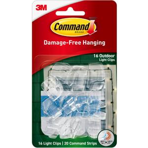 Command Outdoor Light Clips, 4 Pack of 16 Clear Clips and 20 Command Strips, Damage Free Hanging Light Clips with Adhesive Strips, Wall Clips for Hanging Outdoor Lights and Cables Outside (64 Clips)