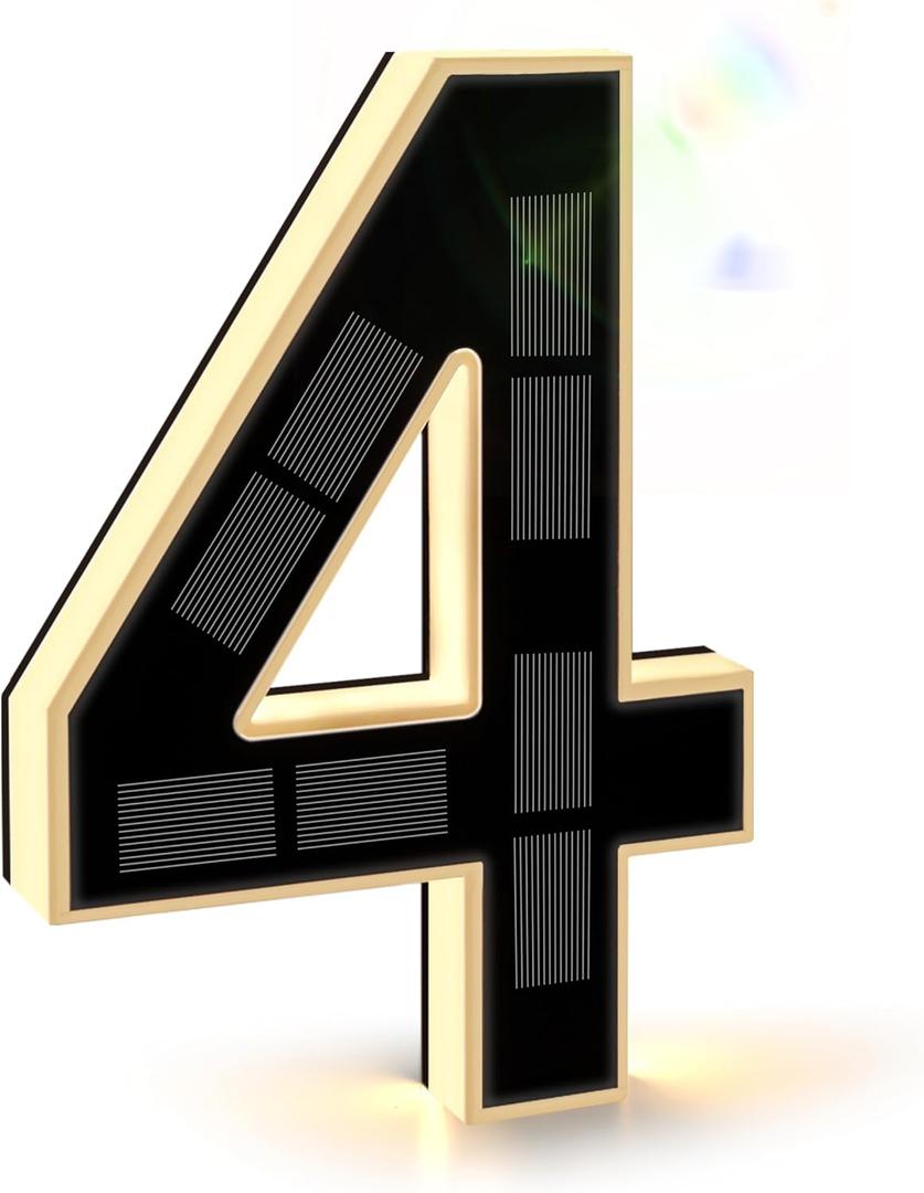 ISUNMEA 9 Inch Solar Lighted House Numbers for Outside, Light Up Waterproof LED Address Numbers Signs for Houses, Large Personalized Illuminated Exterior Modern House Numbers Light (4-Black, 9IN)