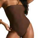 WDIRARA Women's One Piece Swimsuit Strapless Bandeau Bathing Suits Tummy Control Swimwear (Large, Coffee Brown)