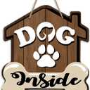 Dog Inside Front Door Sign, Doghouse Bone Paw Prints Wood Door Hanger Outdoor Outside Porch Decor, Farmhouse Wooden Wreath Indoor Wall Hanging Decoration Pet Owner Lover Gift