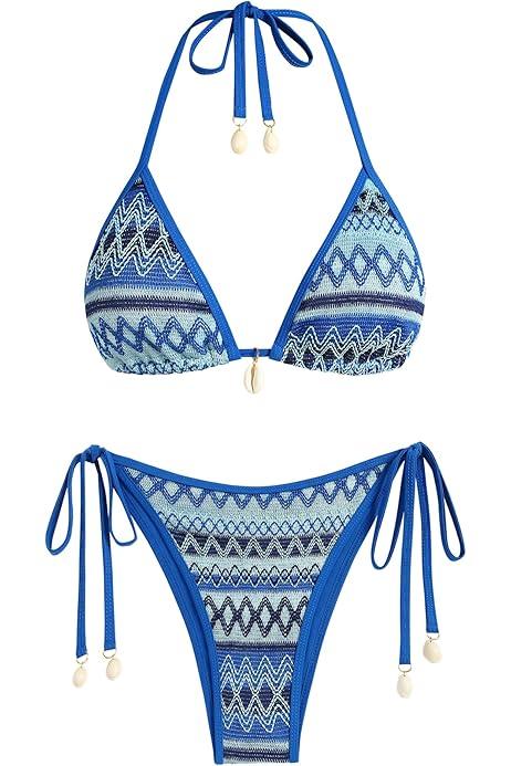 ZAFUL Women's Colorblock Stripes Triangle Halter Tied Cheeky Thong Bikini Set High Cut Two Piece Bathing Suit, M.