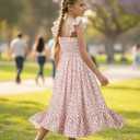 Sunny Spirit Girl's Summer Floral Dresses Kids Cute Ruffle Sleeve Smocked Flowy Dress 6-14 Years