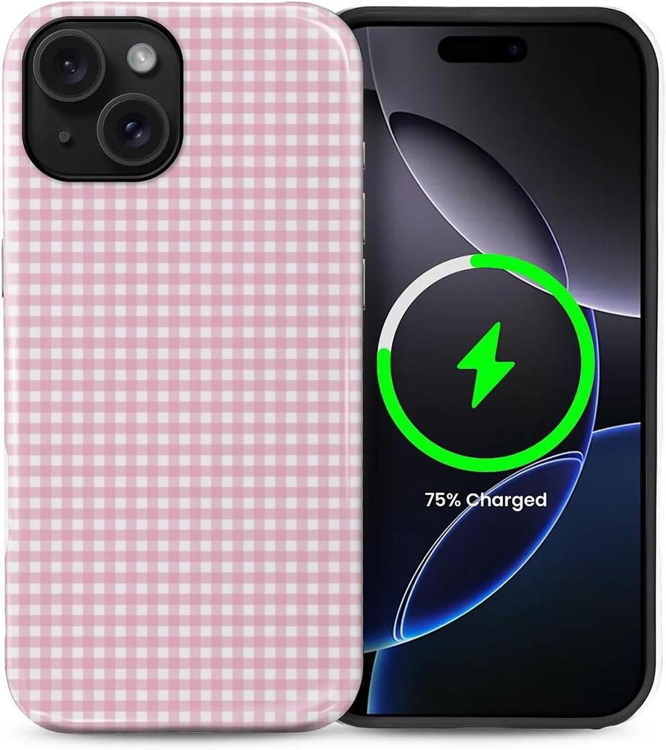 Case Compatible with iPhone 15,Compatible with MagSafe,Durable Shock Protection Phone Case for Girl Women Boy Men - Pink Vintage Plaid Aesthetic